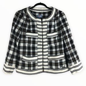 Anthro Plenty by Tracy Reese Black Plaid Wool Bomber Jacket Size 8 Zip Front